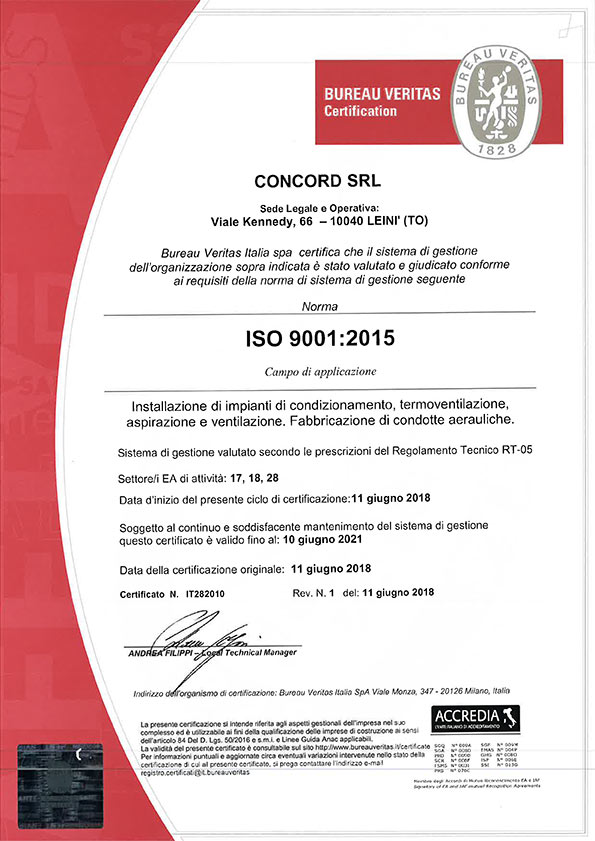 Certificato di Qualità ISO 9001 - Concord Impianti Torino